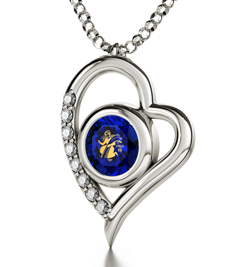 925 Sterling Silver Virgo Necklace Zodiac Heart Pendant 24k Gold inscribed on Crystal