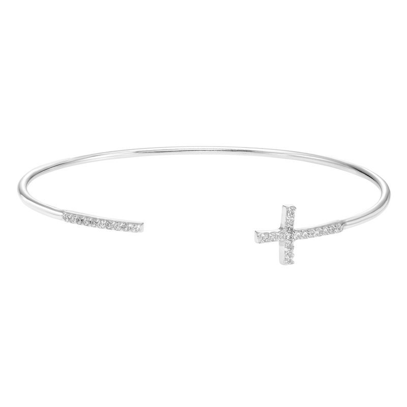 Sterling Silver Cubic Zirconia Cross Open Cuff Bracelet